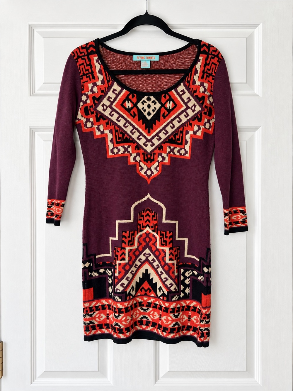 Flying Tomato Small Burgundy Geometric Knit Sweater Dress Boho Southwestern